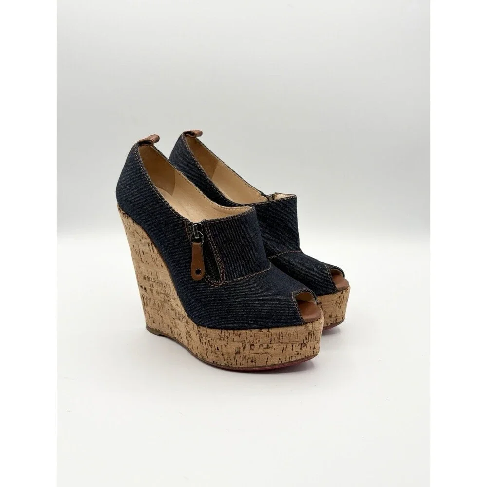 Christian Louboutin Denim Peep Toe Cork Platform Wedge Heels Size EU 36